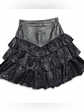Vintage Chia Black Gothic Romantic Leather Lace Tiered Ruffle Skirt Indie Size 6